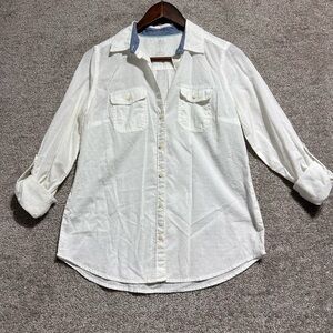 St. John’s Bay Woman’s Dot Cotton Button Up Roll Tab Sleeves Shirt Size Small